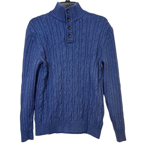 Tasso Elba Sweater Mens‎ M Blue Cable Knit Mock Neck Cotton Pullover Size Medium - Picture 1 of 10